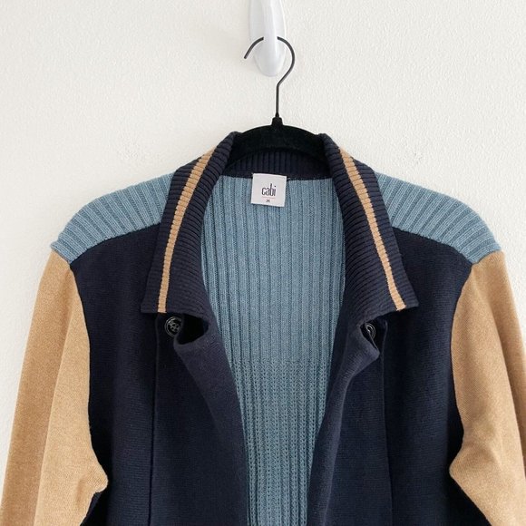 Cabi Turn Back Cardigan Sweater Open Front Medium Academia Navy Tan Chunky Knit - Picture 5 of 16
